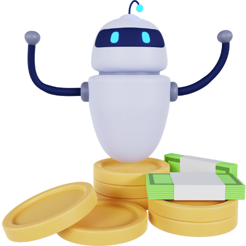 Robot with arms raised over money its taken from users